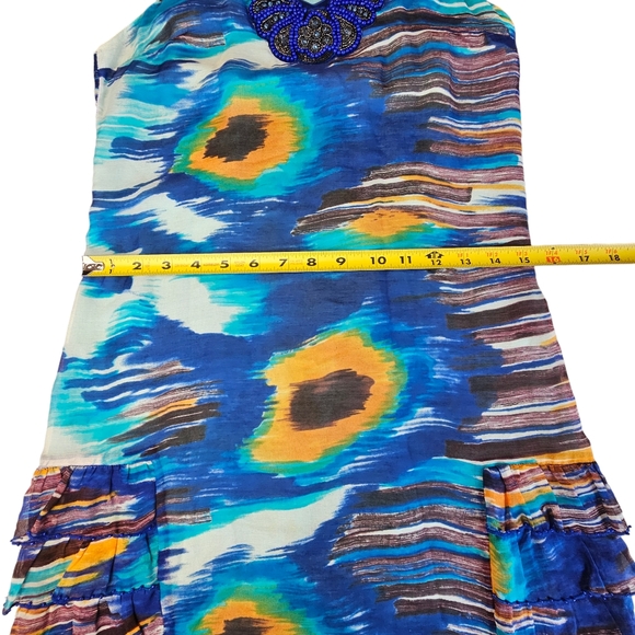 FREE PEOPLE Silk Beads Rhinestones Ruffles Blue & Orange Watercolor Halter Dress - Picture 5 of 16